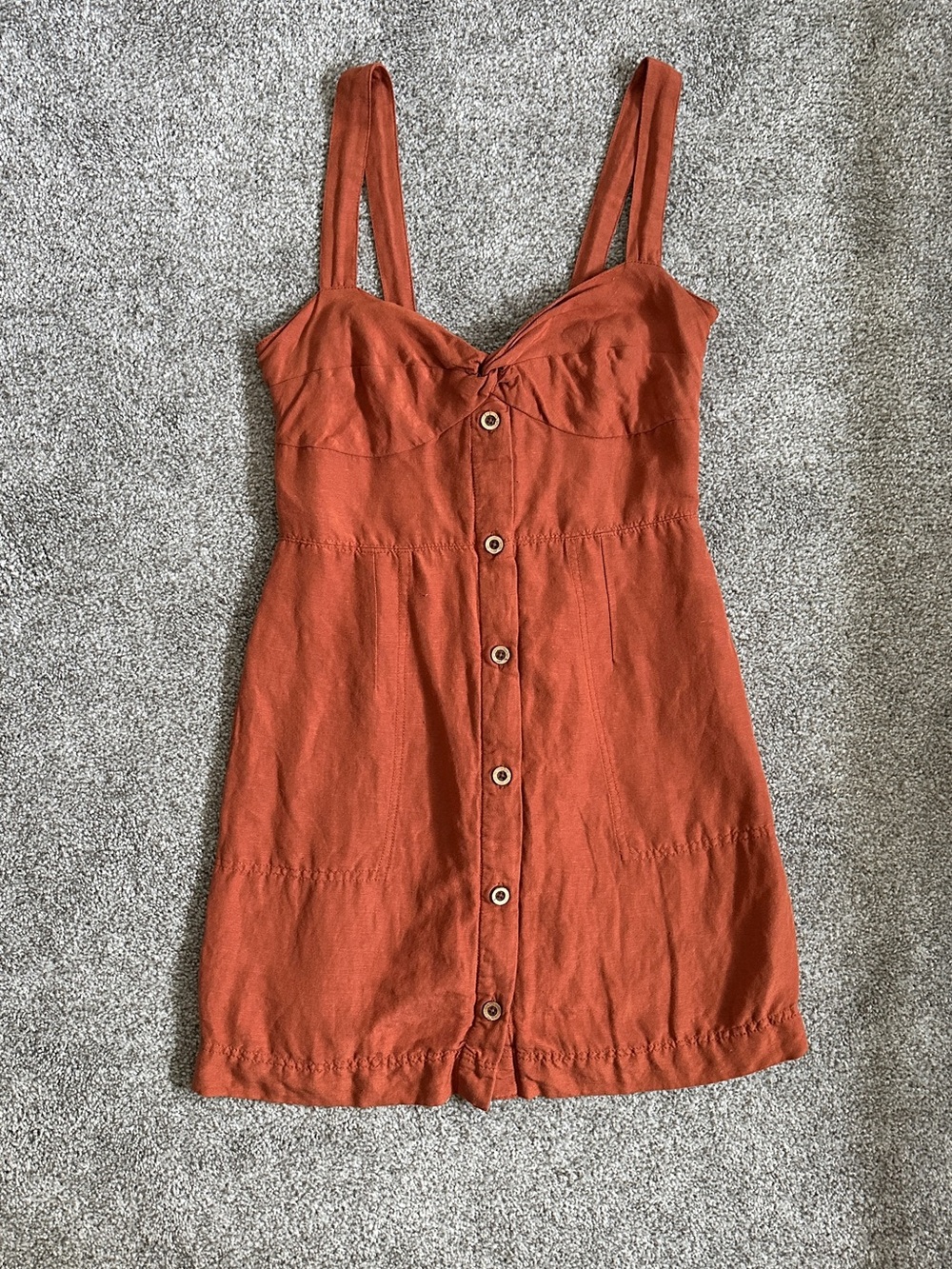 Maeve Anthropologie Rust Linen Mini Dress Twist Tie Back Button Pockets Sz Med